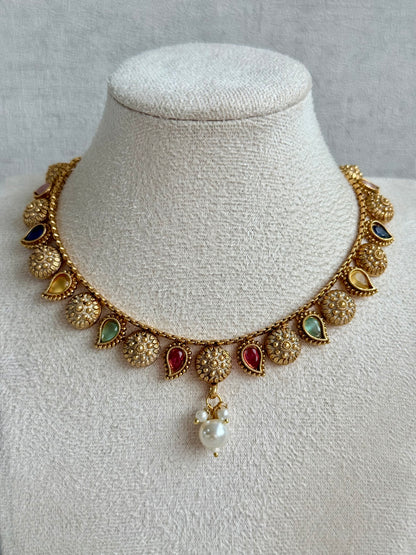 Ayura Designs Mayura Necklace Set with Earrings – Antique Gold Meenakari Motifs with Pearl Drop & Multicolour Stones