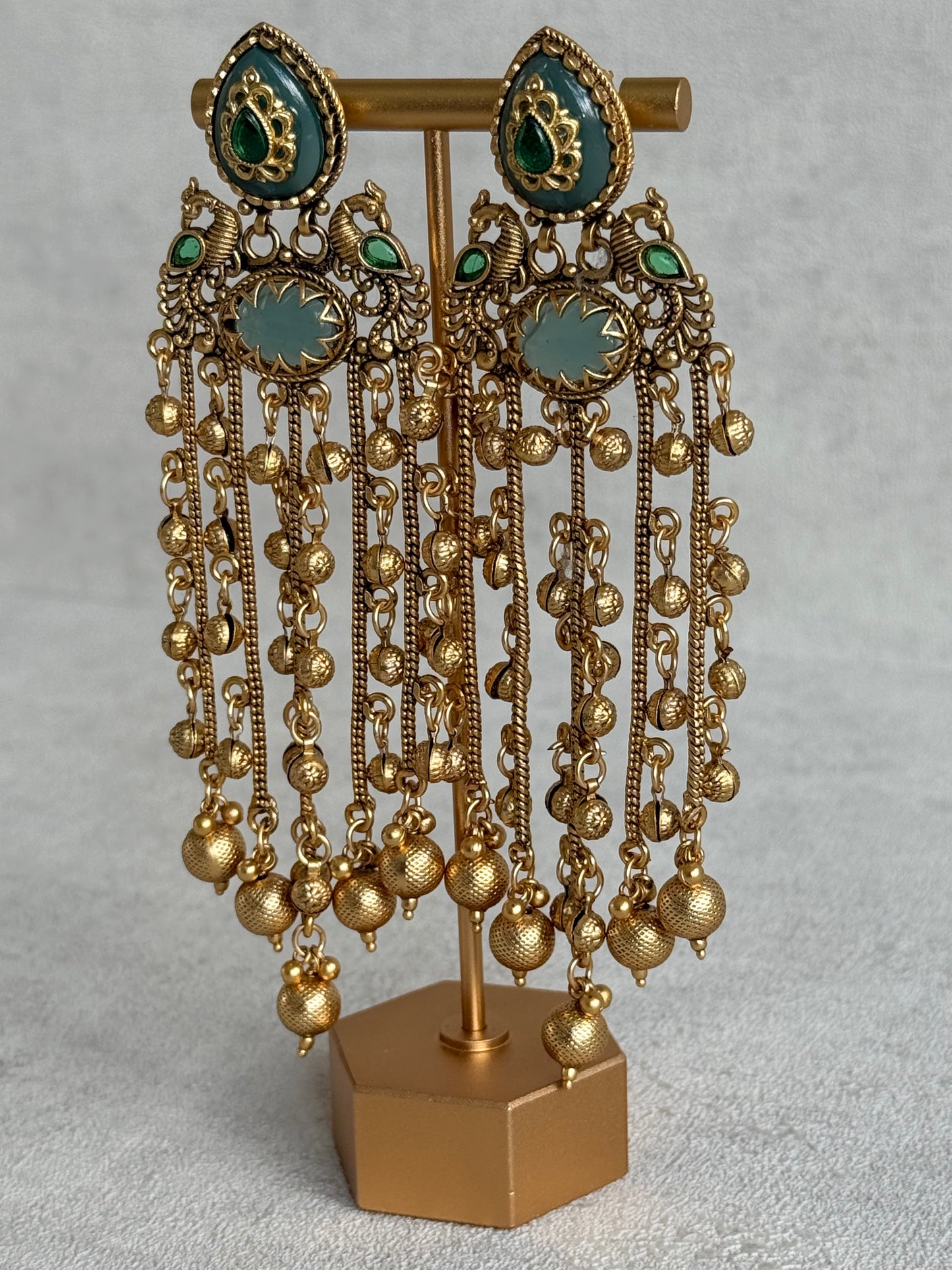Ayura Designs Pakhi Earrings – Peacock Statement Earrings with Green Stones & Ghungroo Chain Tassels