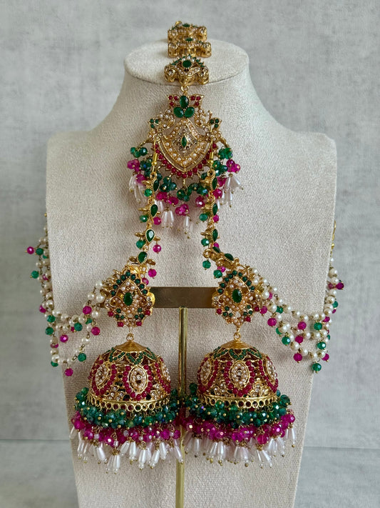 Ayura Designs Safia Tikka Set with Sahare Earrings – Multicolour (Emerald Green, Hot Pink & Ivory Beads)