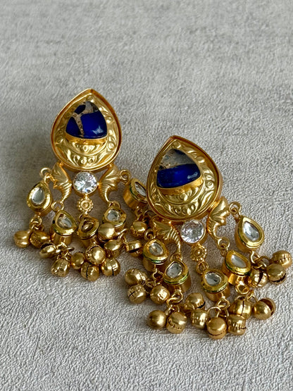 Ayura Designs Arheer Earrings – Sapphire Blue Marble with Kundan Detailing & Antique Gold Ghungroos