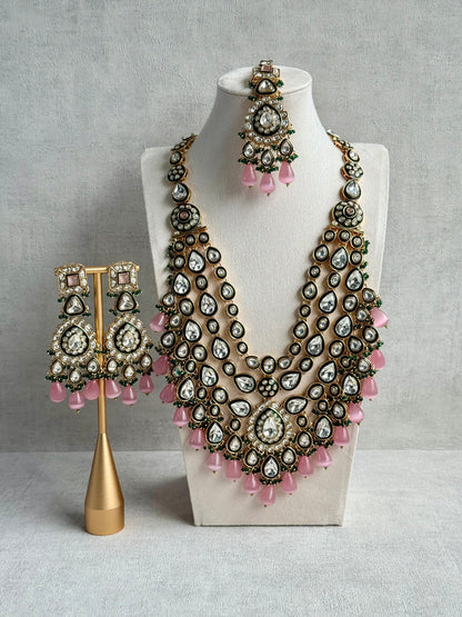 Ayura Designs Zahira Bridal Set with Necklace, Earrings & Tikka – Kundan Detailing with Blush Pink Drops, Green Enamel & Green Bead Accents