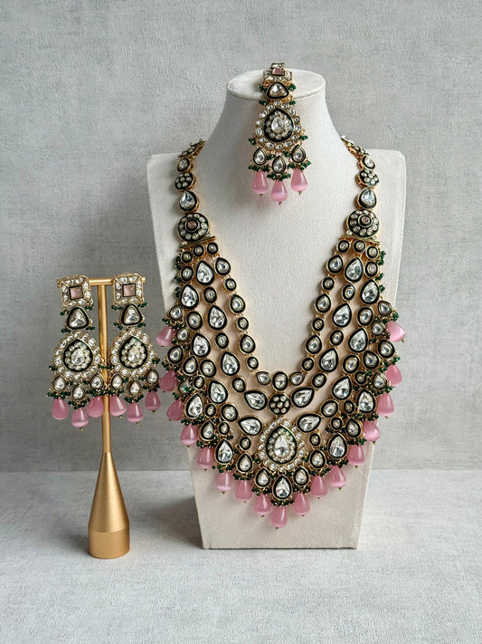 Ayura Designs Zahira Bridal Set with Necklace, Earrings & Tikka – Kundan Detailing with Blush Pink Drops, Green Enamel & Green Bead Accents
