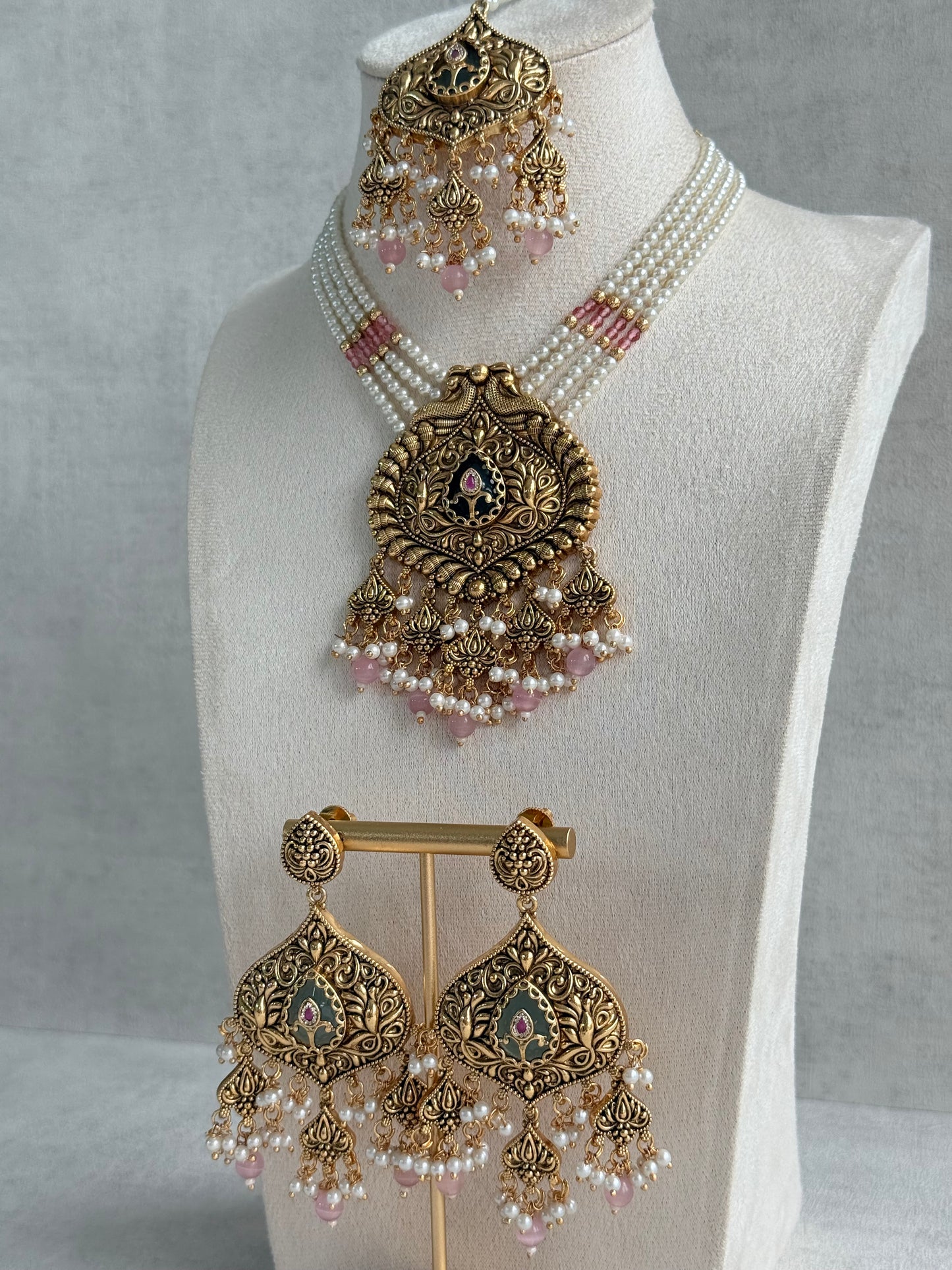 Ayura Designs Afia Necklace Set with Earrings & Tikka – Antique Gold, Blush Pink Pearls, Green Centre Stone & Peacock Motifs