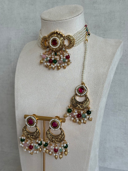 Ayura Designs Mehr Choker Set with Earrings & Tikka – Multicolour Beads, Ruby Pink Centre Stones, Pearl Strands & Antique Gold Finish