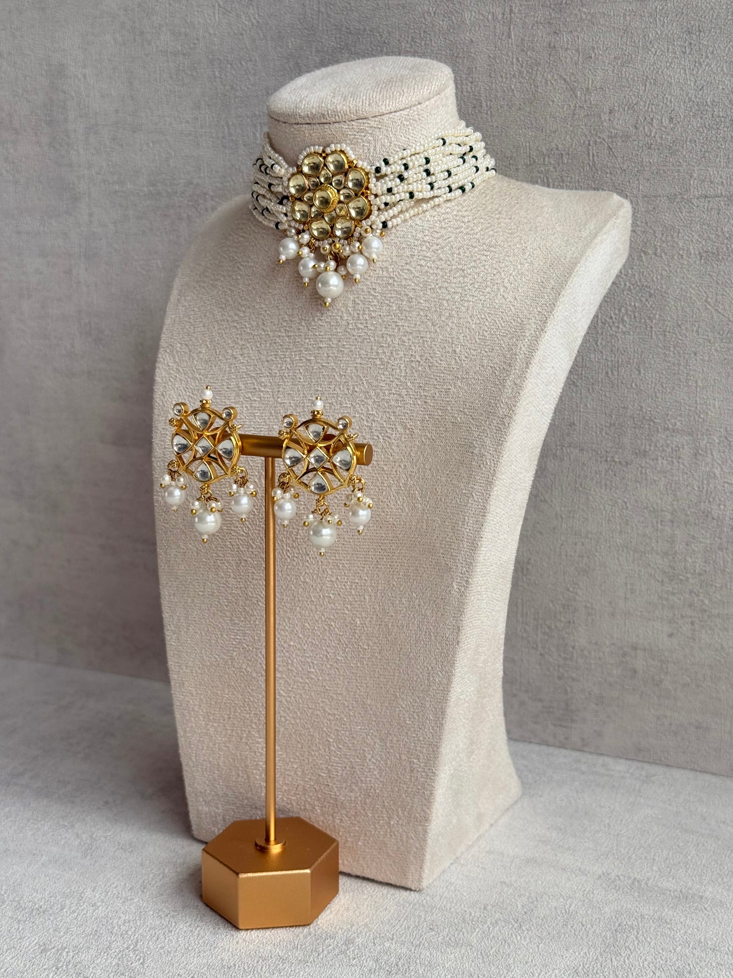Ayura Designs Saaz Kundan Choker Set with Earrings & Pearl Multi Strand Detailing