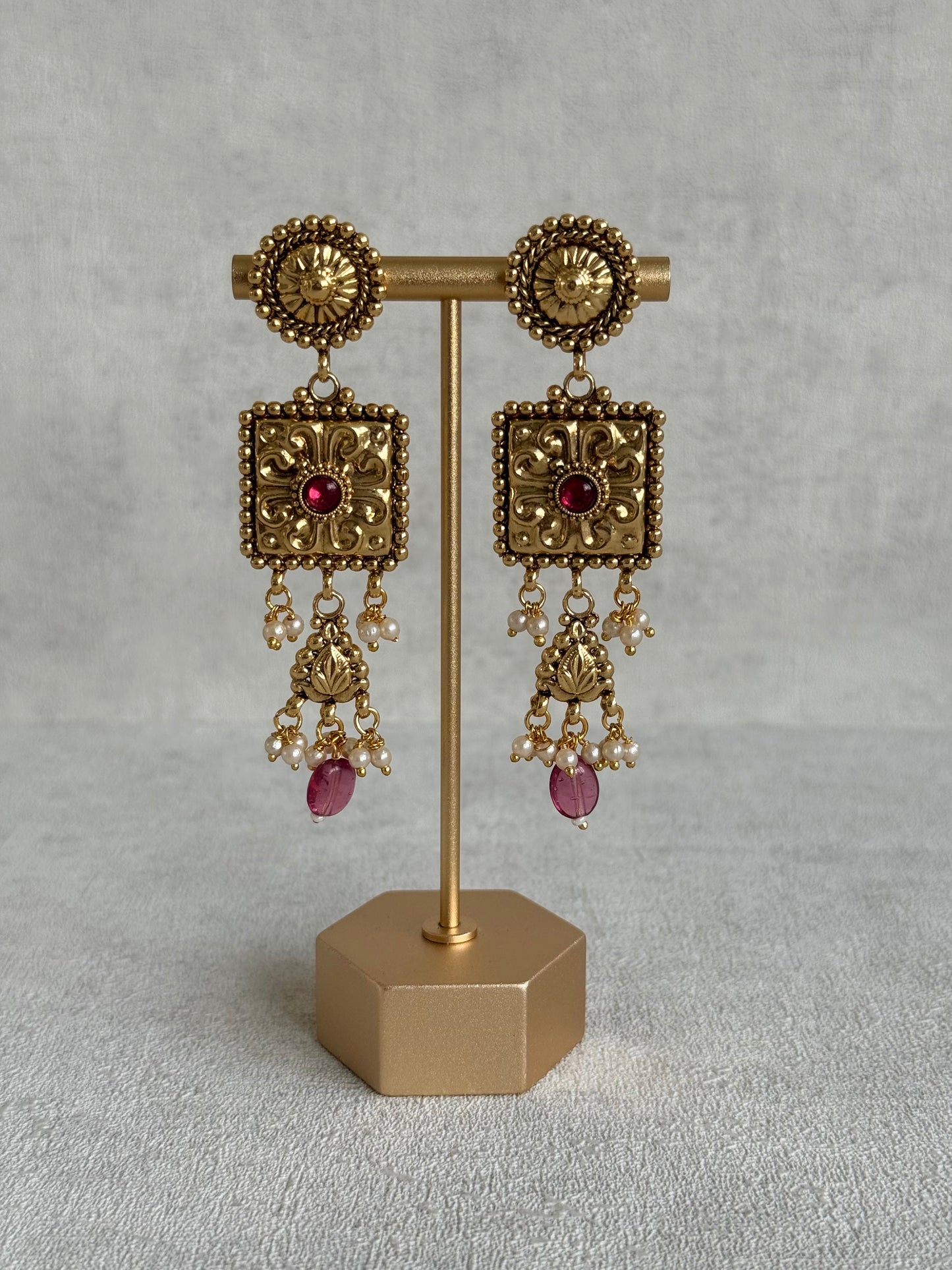 Ayura Designs Nimrah Choker Set with Earrings & Tikka – Ruby Pink Gold Tone Waterfall Jewellery Set
