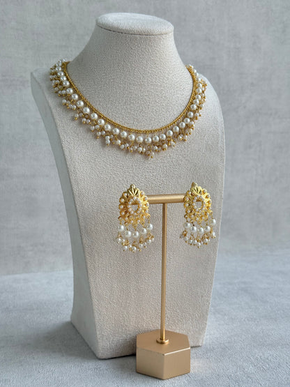 Ayura Designs Tarz Necklace Set with Earrings – Gold Pearl Layered Fringe Design with Pearl Drops