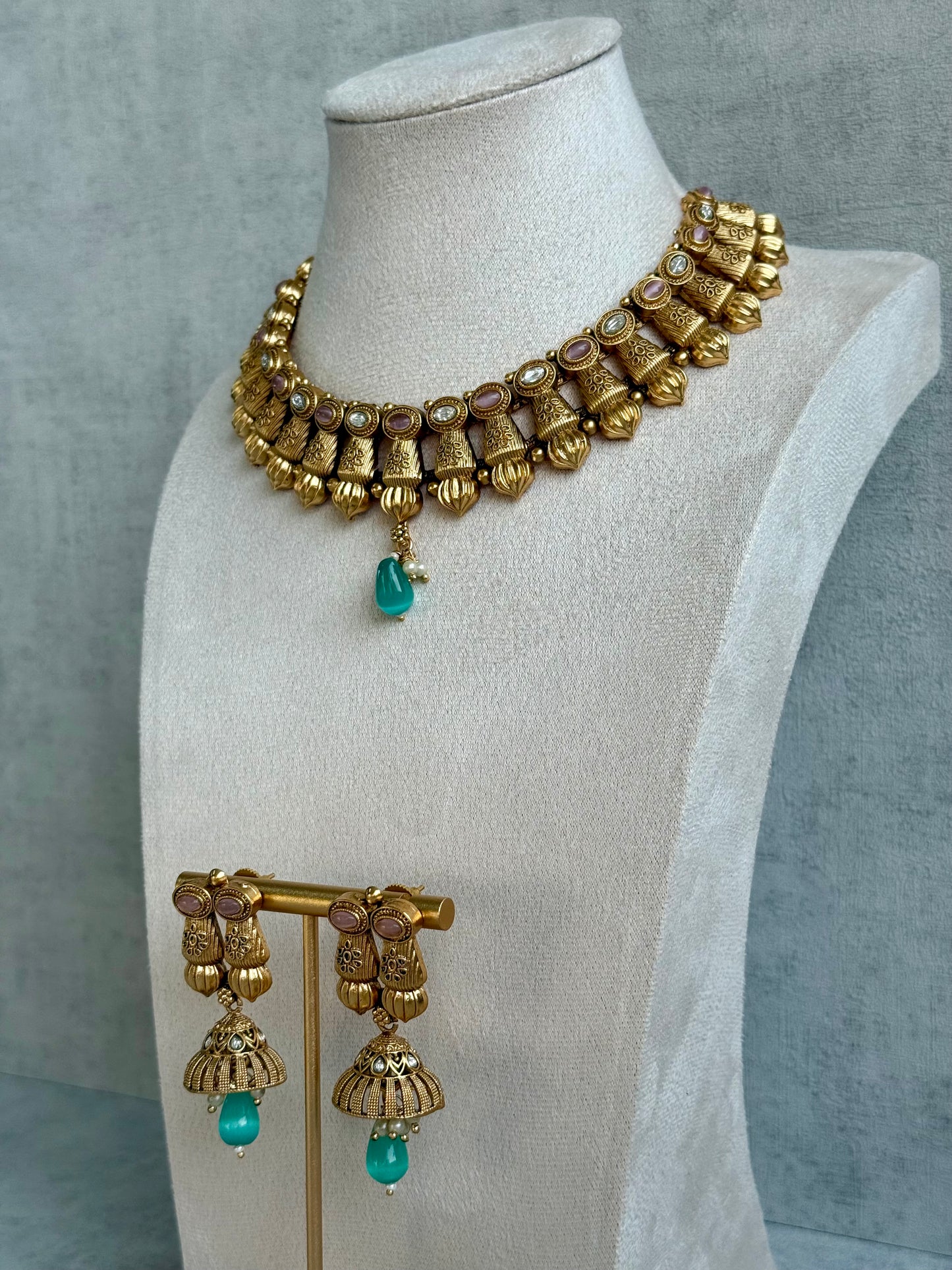 Ayura Designs Aima Necklace Set with Earrings – Antique Gold with Blush Pink & Aqua Green Stones