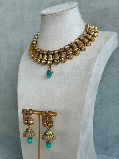 Ayura Designs Aima Necklace Set with Earrings – Antique Gold with Blush Pink & Aqua Green Stones