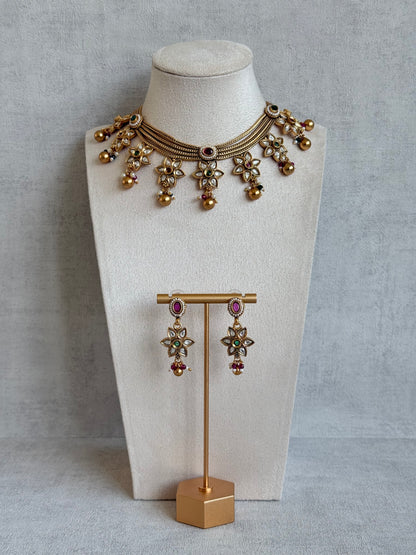 Ayura Designs Daksha Necklace Set with Earrings – Gold Layered Chain Necklace with Ruby Pink & Emerald Green Kundan Floral Motifs