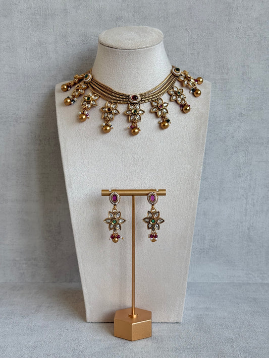 Ayura Designs Daksha Necklace Set with Earrings – Gold Layered Chain Necklace with Ruby Pink & Emerald Green Kundan Floral Motifs