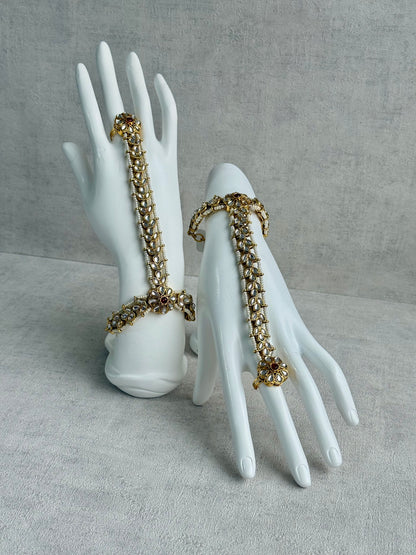 Ayura Designs Ruya Haathphool – Mirror-Cut Stones with Ruby Accents & Pearl Detailing