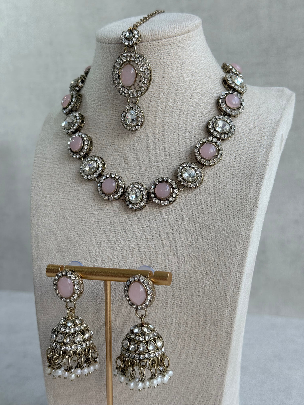 Ayura Designs Eira Necklace Set with Earrings & Tikka – Blush Pink & Crystal Stones with Antique Gold Finish