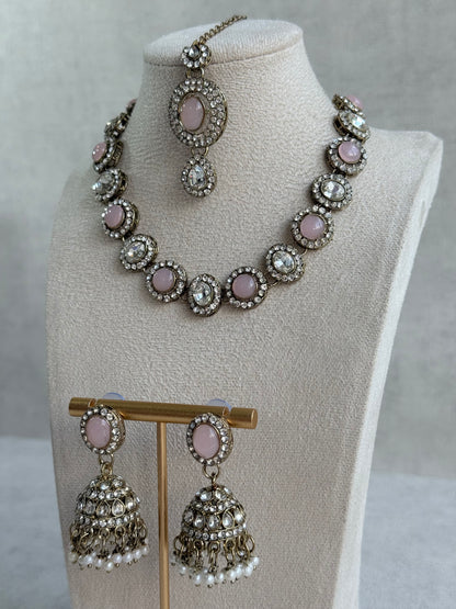 Ayura Designs Eira Necklace Set with Earrings & Tikka – Blush Pink & Crystal Stones with Antique Gold Finish