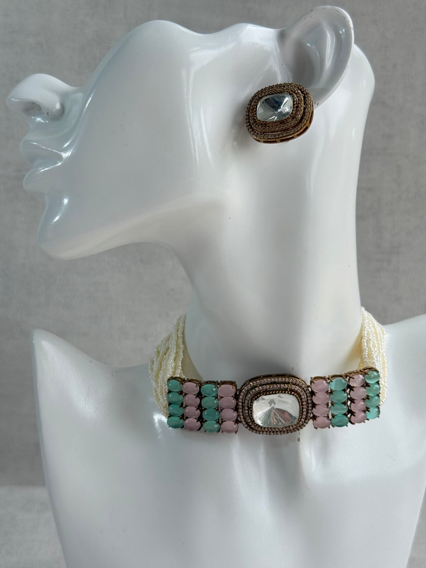 Ayura Designs Emma Choker Set – Mint Green & Blush Pink Gemstone Choker & Studs with Mirror-Cut Centrepiece, Pearl Strands & Crystal Borders