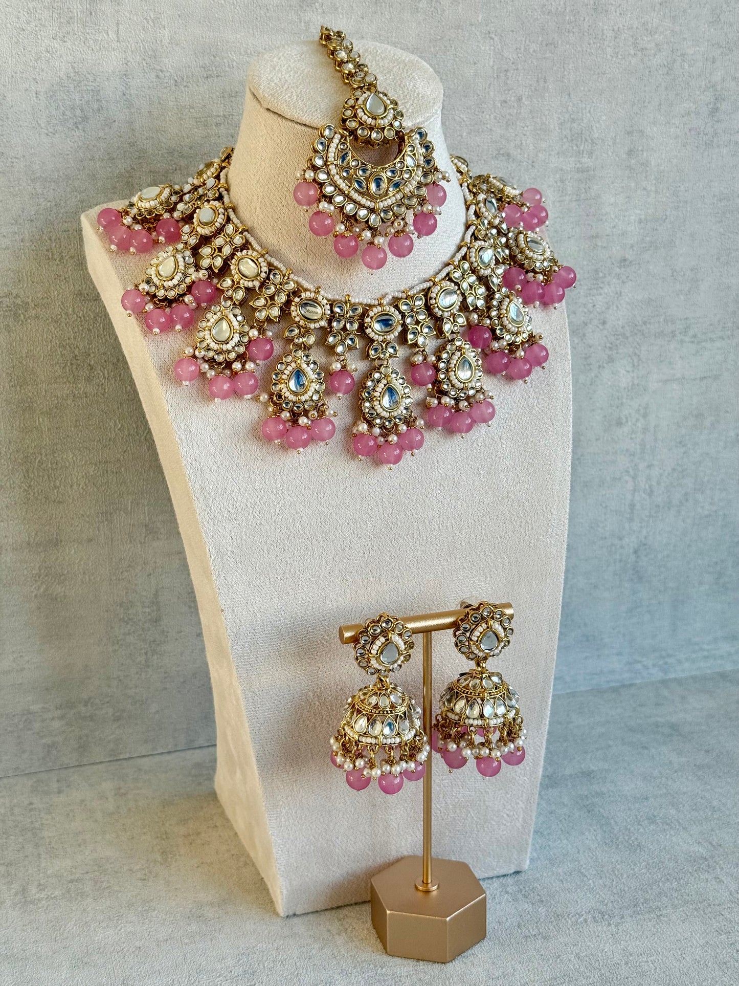 Ayura Designs Iyla Set with Necklace, Earrings & Tikka – Kundan Detailing, Ivory Pearl Drops & Soft Pink Beads
