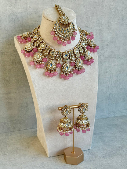 Ayura Designs Iyla Set with Necklace, Earrings & Tikka – Kundan Detailing, Ivory Pearl Drops & Soft Pink Beads