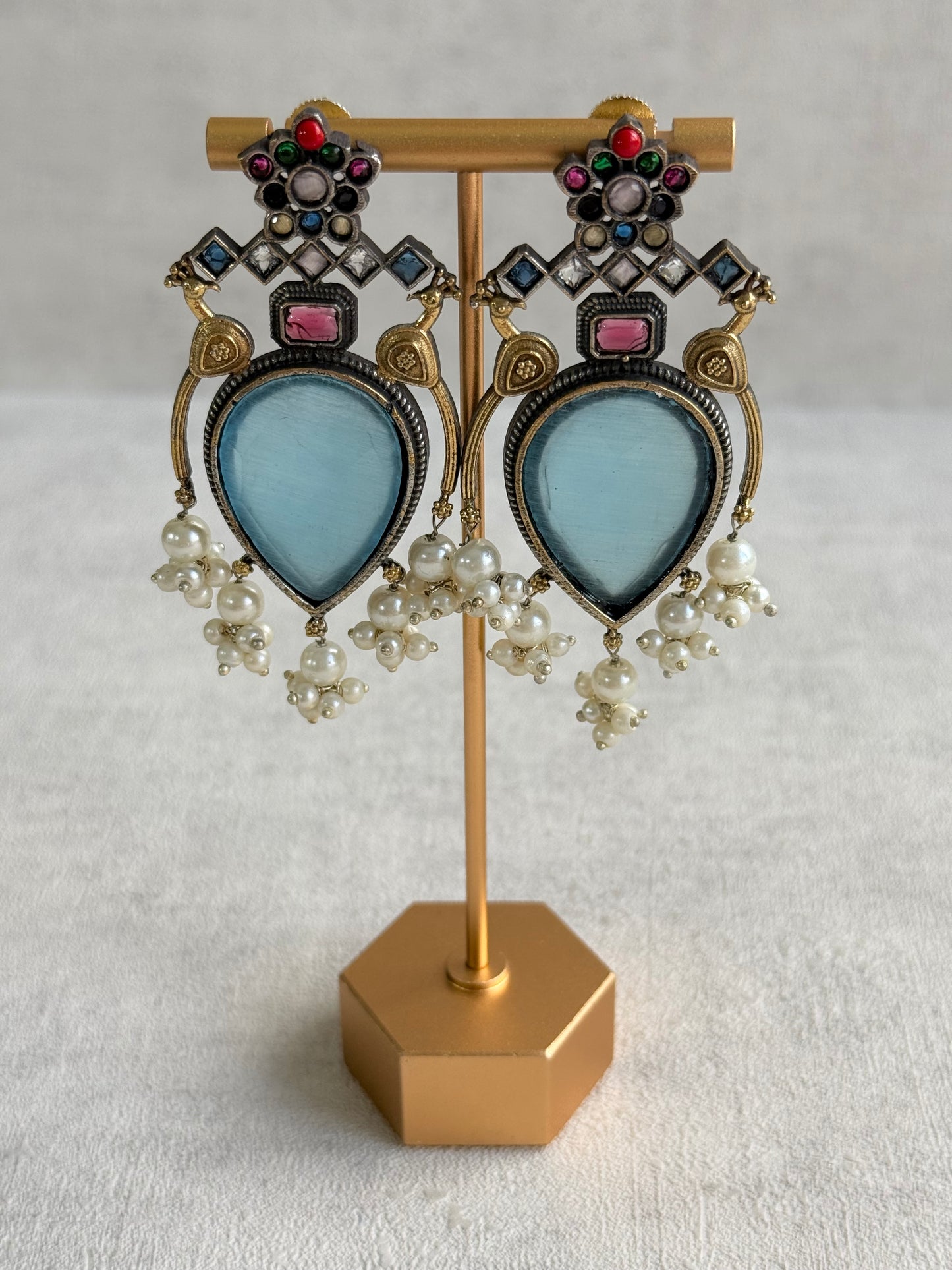 Ayura Designs Kafila Earrings – Dual Tone Oxidised Earrings with Peacock Motifs, Aqua Blue & Multicolour Stones