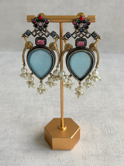 Ayura Designs Kafila Earrings – Dual Tone Oxidised Earrings with Peacock Motifs, Aqua Blue & Multicolour Stones