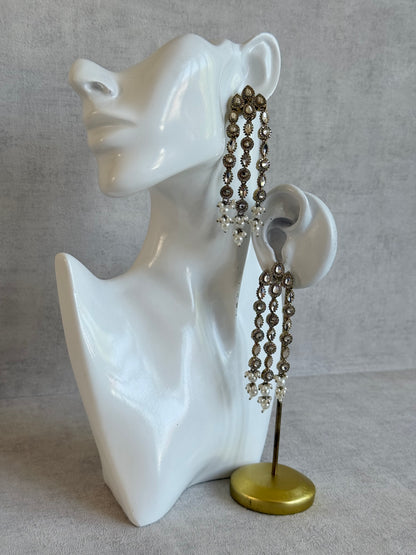Ayura Designs Emilia Earrings – Gold Triple Strand Statement Earrings with Crystal Stones & Pearl Drops