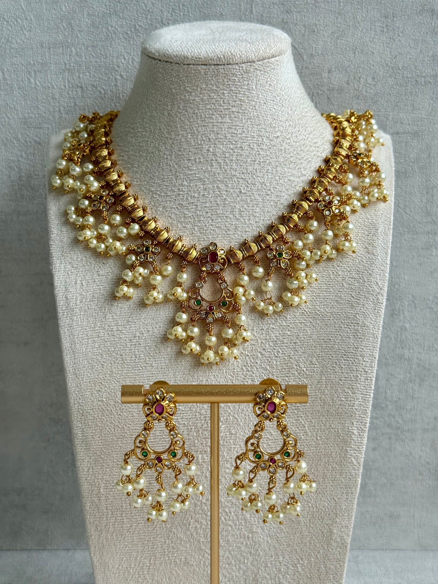 Ayura Designs Chaaya Set – Necklace & Earrings with Kundan Stones, Pink & Emerald Accents, and Pearl Detailing