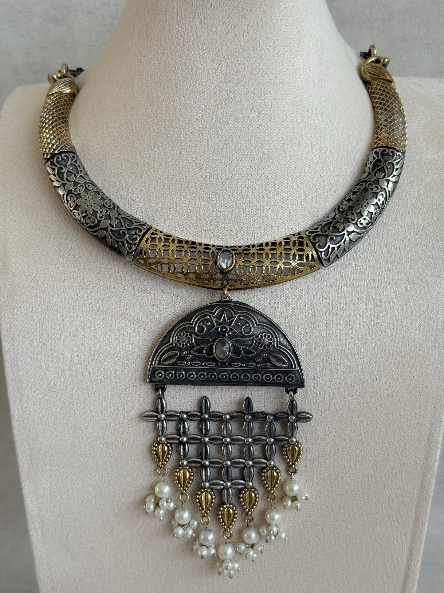 Ayura Designs Dhoop Necklace Set with Earrings – Dual Tone Oxidised Necklace with Lattice Pendant & Pearl Detailing