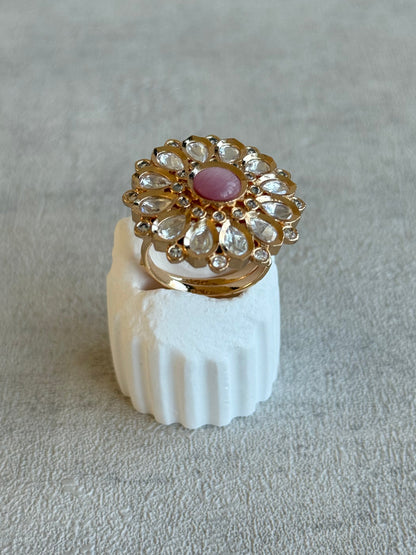 Ayura Designs Luisa Adjustable Ring – Blush Pink Centre Stone with Crystal Petal Detailing