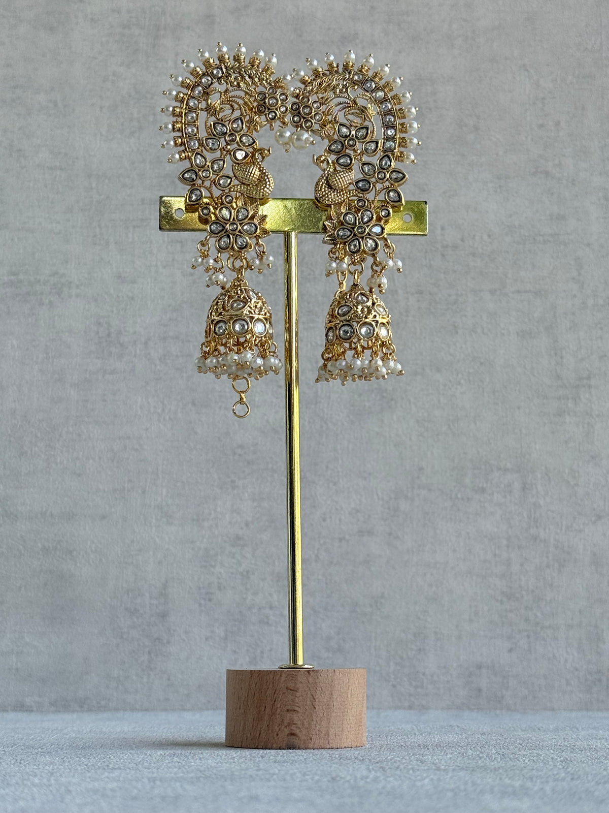 Ayura Designs Nitya Kaanphool Jhumkis – Gold Half Ear Cuff Earrings, Peacock Motifs, Kundan, Ivory Pearl Drops & Sahare