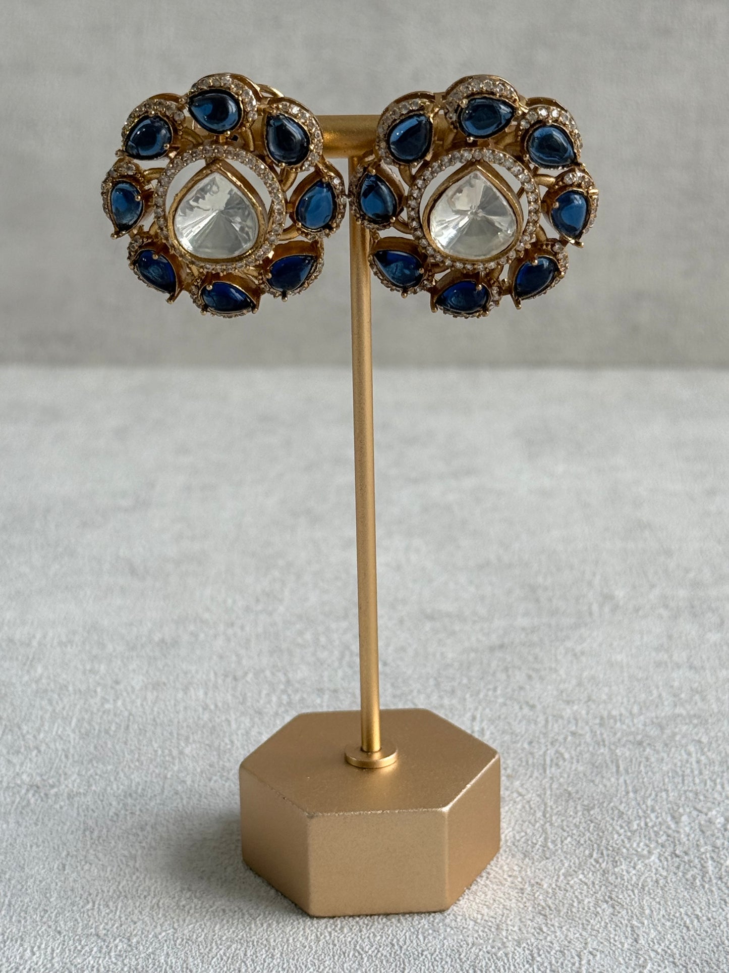 Ayura Designs Giana Stud Earrings – Sapphire Blue & Crystal Kundan with Gold Finish