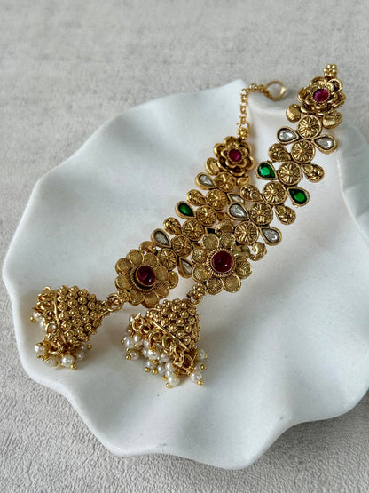 Ayura Designs Keerti Jhumkis – Antique Gold Kannauti Earrings with Ruby Pink & Emerald Green Stones, Mirror-Cut Detailing & Pearl Drops