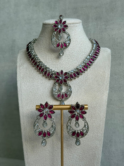 Ayura Designs Fareeha Set with Necklace, Earrings & Tikka – Mirror-Cut Stones, Fuchsia Floral Detailing & Silver Finish