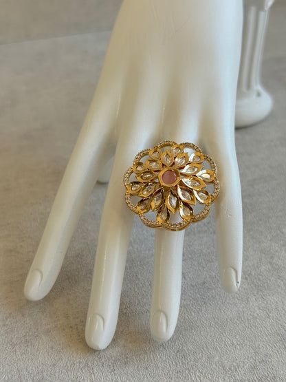 Ayura Designs Elisa Adjustable Ring – Moissanite Floral Ring with Blush Pink Centre & Crystal Border