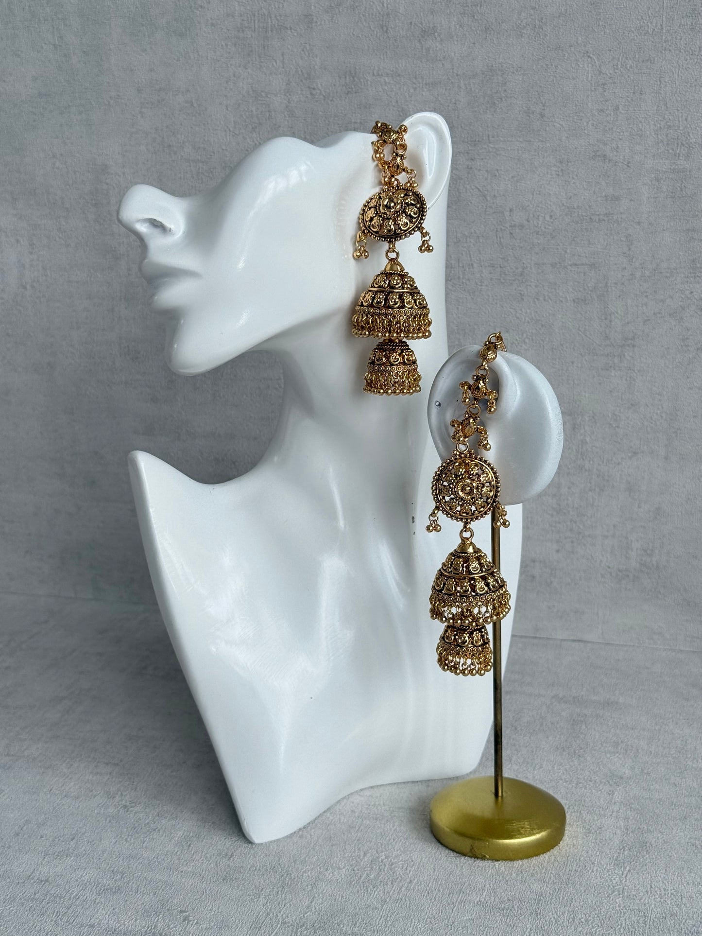 Ayura Designs Chhavi Sahare Jhumkis – Antique Gold Finish with Double Dome Design