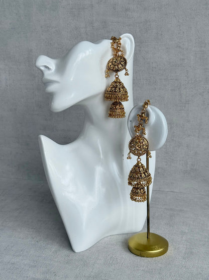Ayura Designs Chhavi Sahare Jhumkis – Antique Gold Finish with Double Dome Design