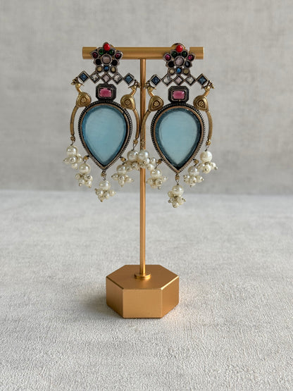 Ayura Designs Kafila Earrings – Dual Tone Oxidised Earrings with Peacock Motifs, Aqua Blue & Multicolour Stones