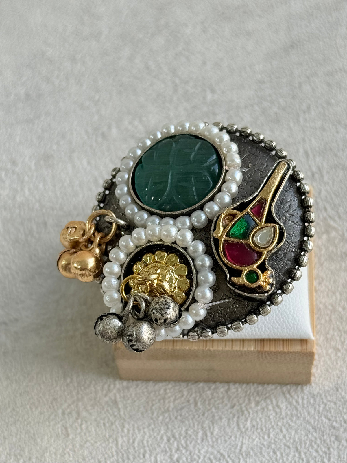 Ayura Designs Mihika Adjustable Ring – Oxidised Statement Ring with Green Stone, Pearl Detailing & Parrot Motif