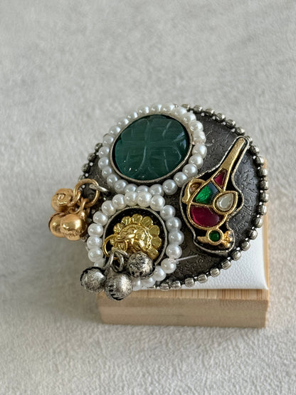 Ayura Designs Mihika Adjustable Ring – Oxidised Statement Ring with Green Stone, Pearl Detailing & Parrot Motif