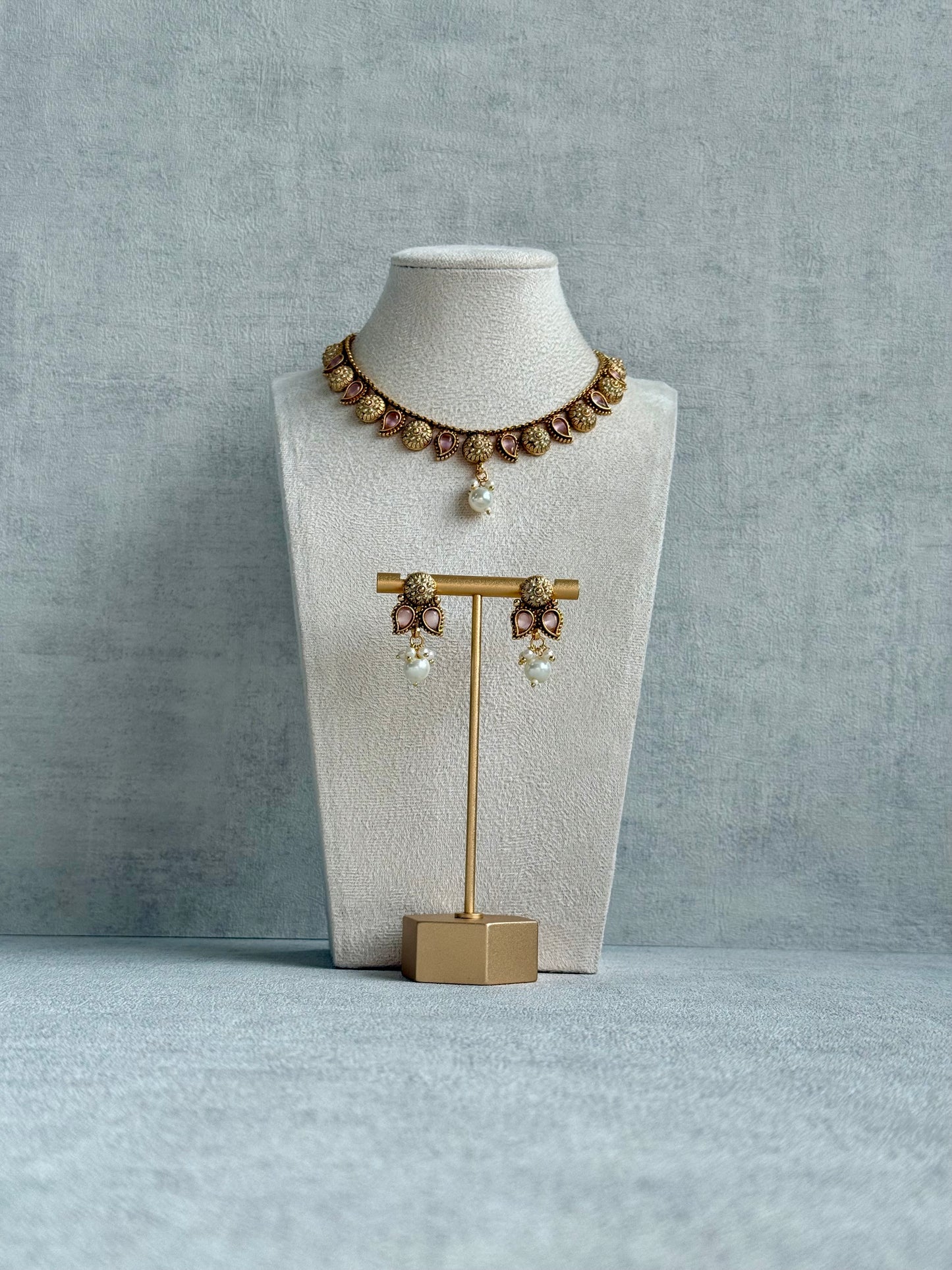 Ayura Designs Mayura Necklace Set with Earrings – Antique Gold Meenakari Motifs with Pearl Drop & Blush Pink Stones