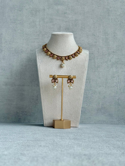 Ayura Designs Mayura Necklace Set with Earrings – Antique Gold Meenakari Motifs with Pearl Drop & Blush Pink Stones