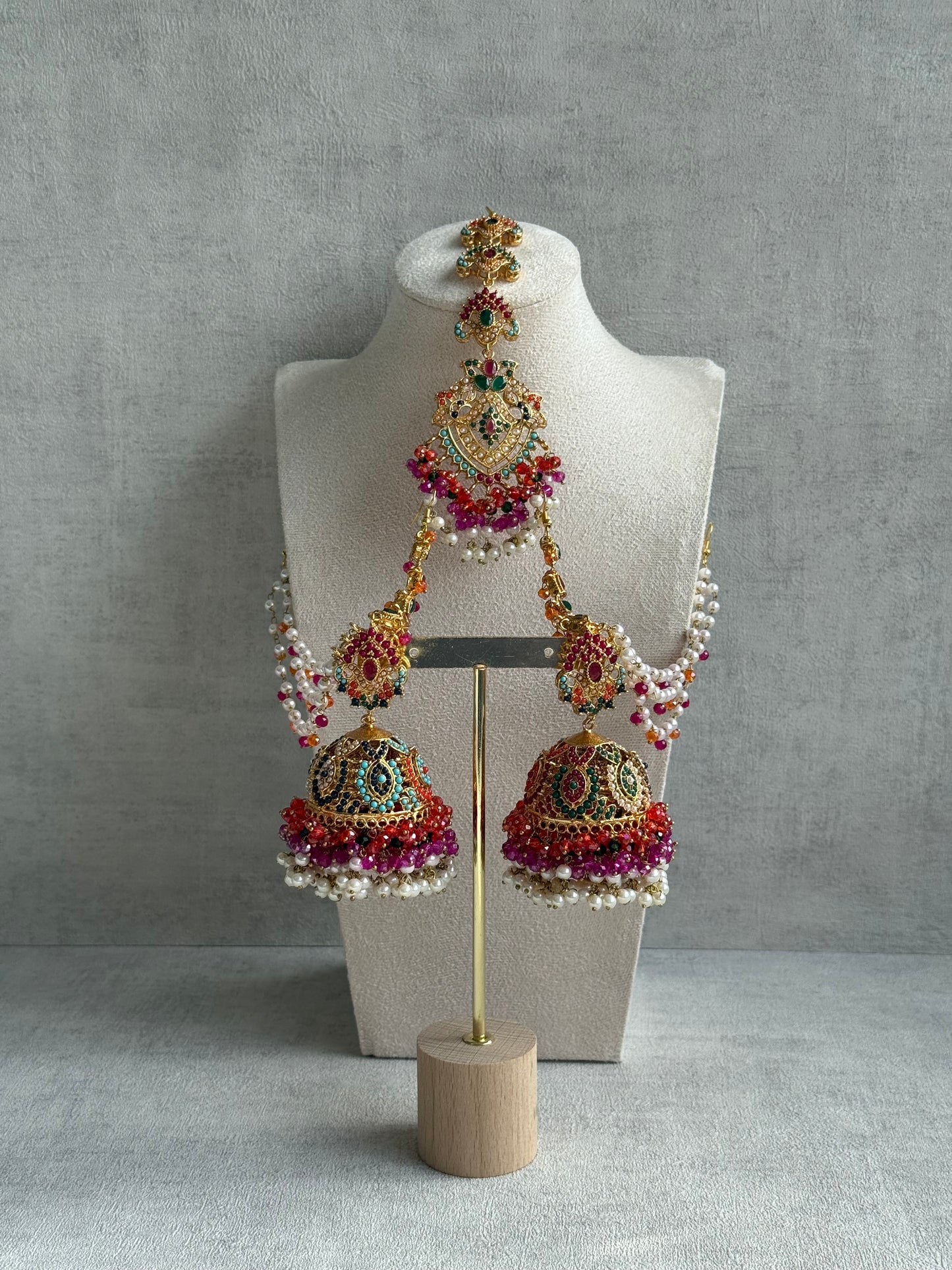 Ayura Designs Safia Tikka Set with Sahare Earrings – Multicolour (Orange, Pink & Ivory Beads)