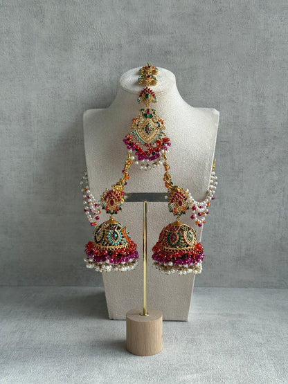 Ayura Designs Safia Tikka Set with Sahare Earrings – Multicolour (Orange, Pink & Ivory Beads)