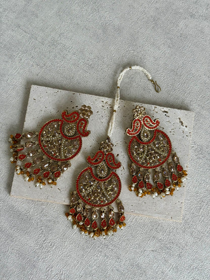 Ayura Designs Anvi Tikka Set with Earrings – Orange with Champagne Stones & Pearl Drops