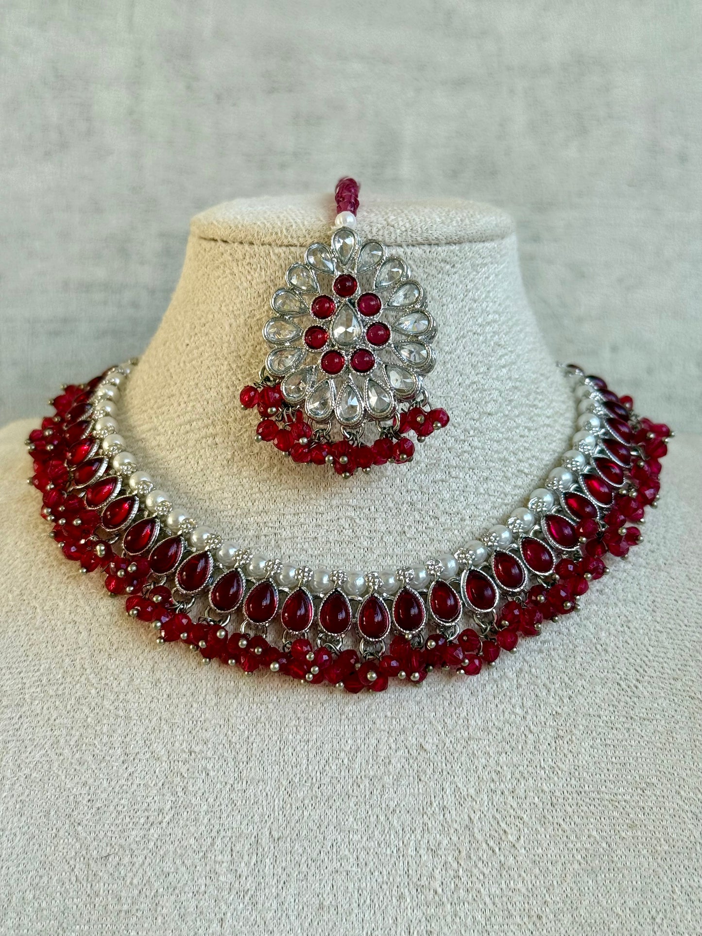 Ayura Designs Saima Set – Necklace, Jhumkis & Tikka in Deep Rose Pink with Silver Finish