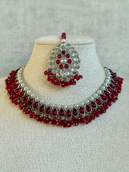 Ayura Designs Saima Set – Necklace, Jhumkis & Tikka in Deep Rose Pink with Silver Finish