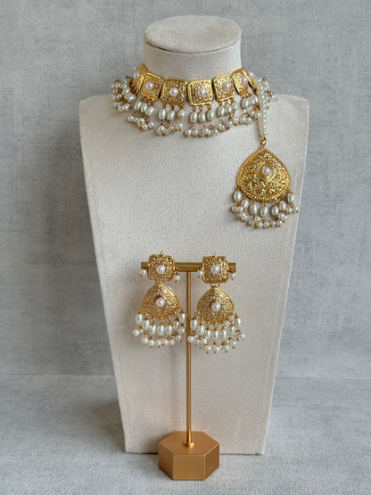 Ayura Designs Chetna Choker Set with Earrings & Tikka – Ivory Pearl Beads & Pearl Drops with Pipal Patti Detailing