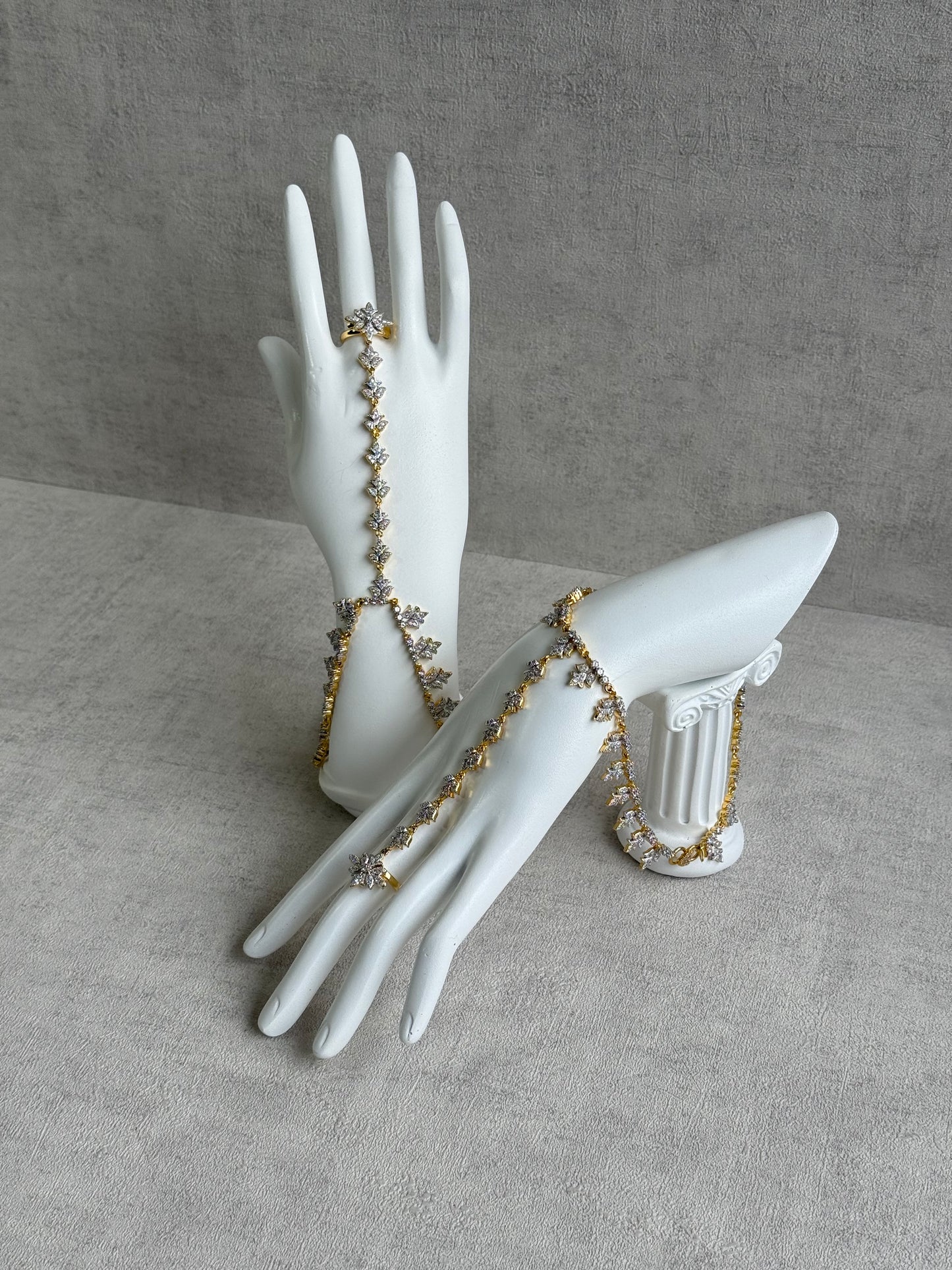 Ayura Designs Aagya Haathphool – Set of 2 Gold & Silver Ring-Bracelet Chains with Floral Diamond-Cut Detailing