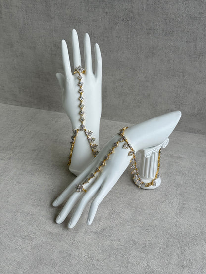 Ayura Designs Aagya Haathphool – Set of 2 Gold & Silver Ring-Bracelet Chains with Floral Diamond-Cut Detailing