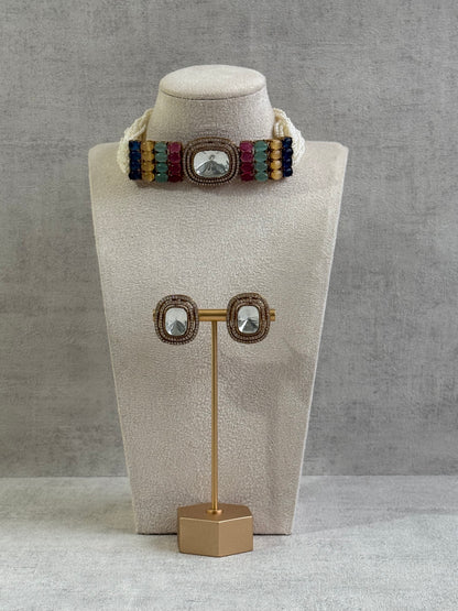 Ayura Designs Emma Choker Set – Multicolour Gemstone Choker & Studs with Mirror-Cut Centrepiece, Pearl Strands & Crystal Borders
