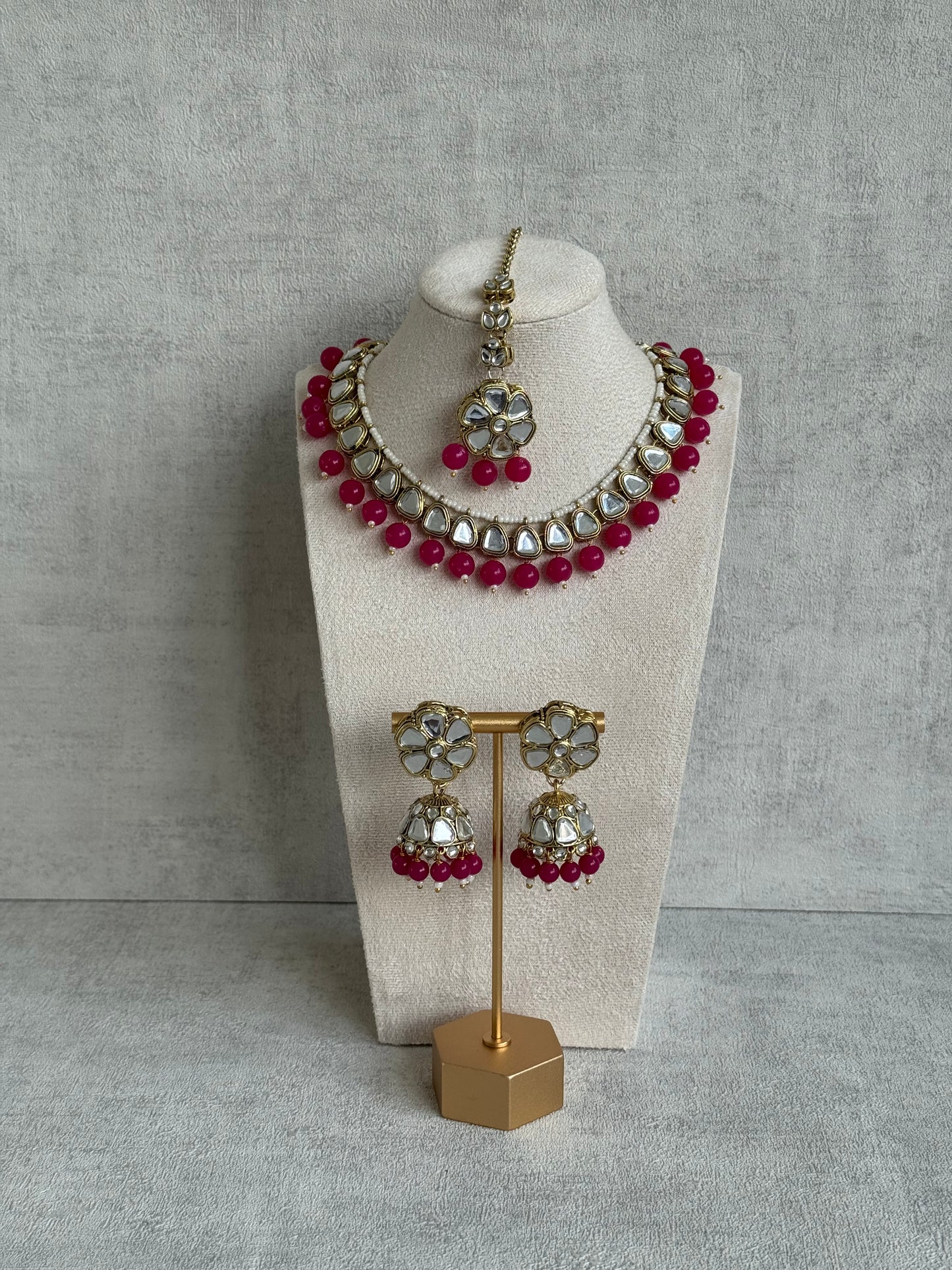 Ayura Designs Mishal Set with Jhumkis & Tikka – Fuchsia Beads & Mirror-Cut Stones
