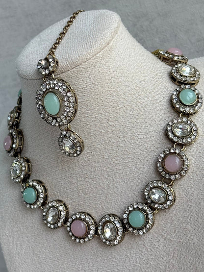 Ayura Designs Eira Necklace Set with Earrings & Tikka – Blush Pink, Mint Green & Crystal Stones with Antique Gold Finish